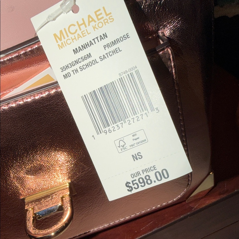 Michael Kors Metallic Rose Gold Satchel with Signature Web Strap - Picture 4 of 5